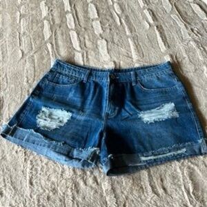 Sidefeel Mid Rise Rolled Hem Distressed Ripped Denim Shorts
